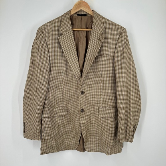 Chaps RL‎ Silk Blazer Houndstooth Two Button Brown Tan Mens 40R Academic Country - Picture 1 of 10